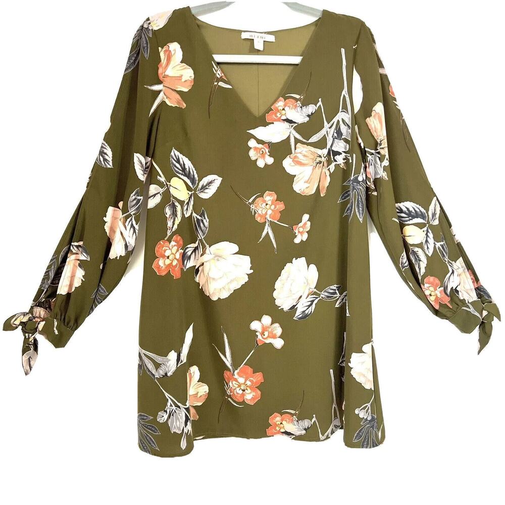 Miami XS Floral Top Olive Green V-Neck Split Sleeve Wrist Tie Long Sleeves